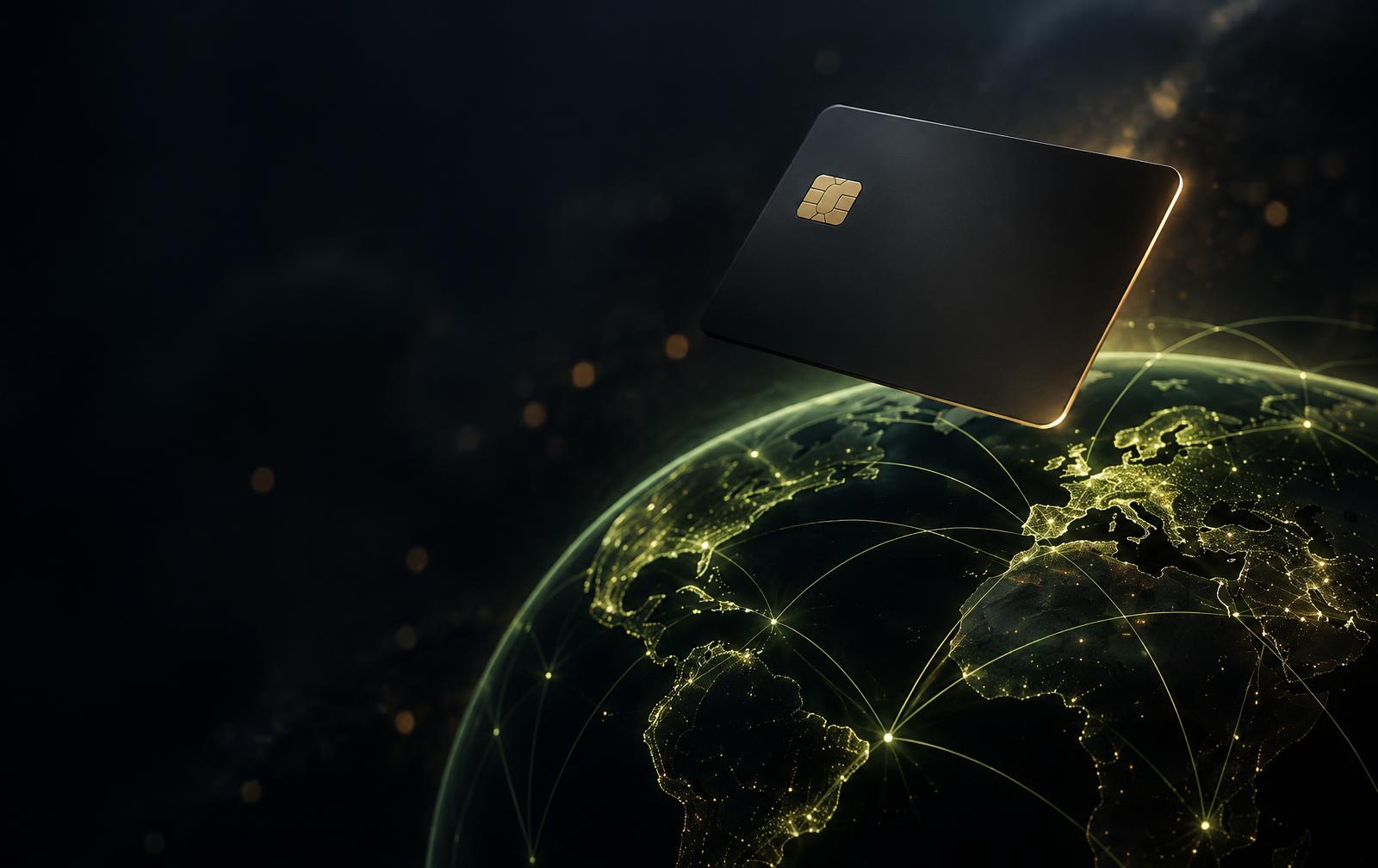 Payment card above a glowing globe connecting payment networks worldwide